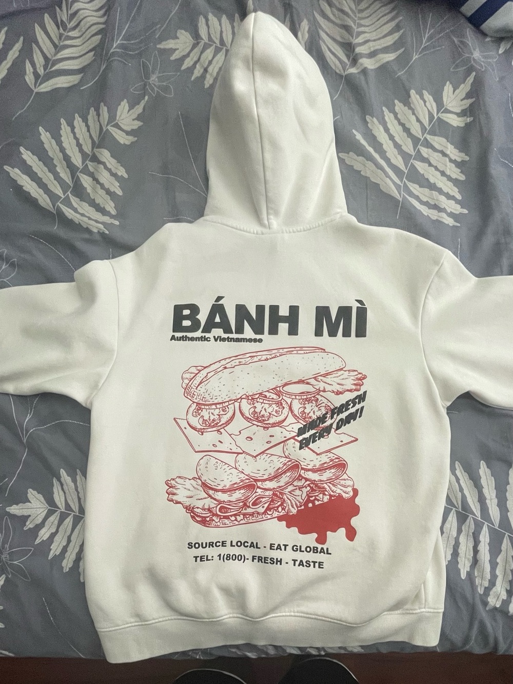 Loose fit H&M Cream Crewneck Hoodie with Small 'BÁNH MÌ' Chest Embroidery
